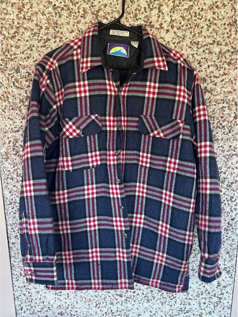 NorthCrest Quilted Lined Flannel Shirt Jacket Mens M Navy Red Plaid Wool Shacket